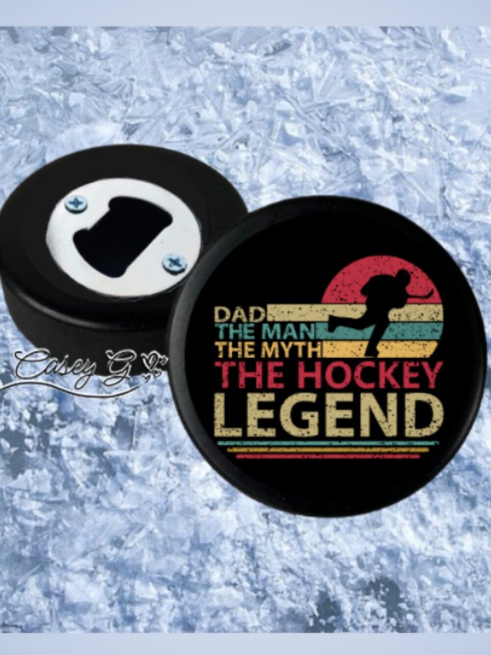 🏒NEW**Fathers Day**Dad, Man, Myth, Hockey Legend REAL Puck Bottle Opener